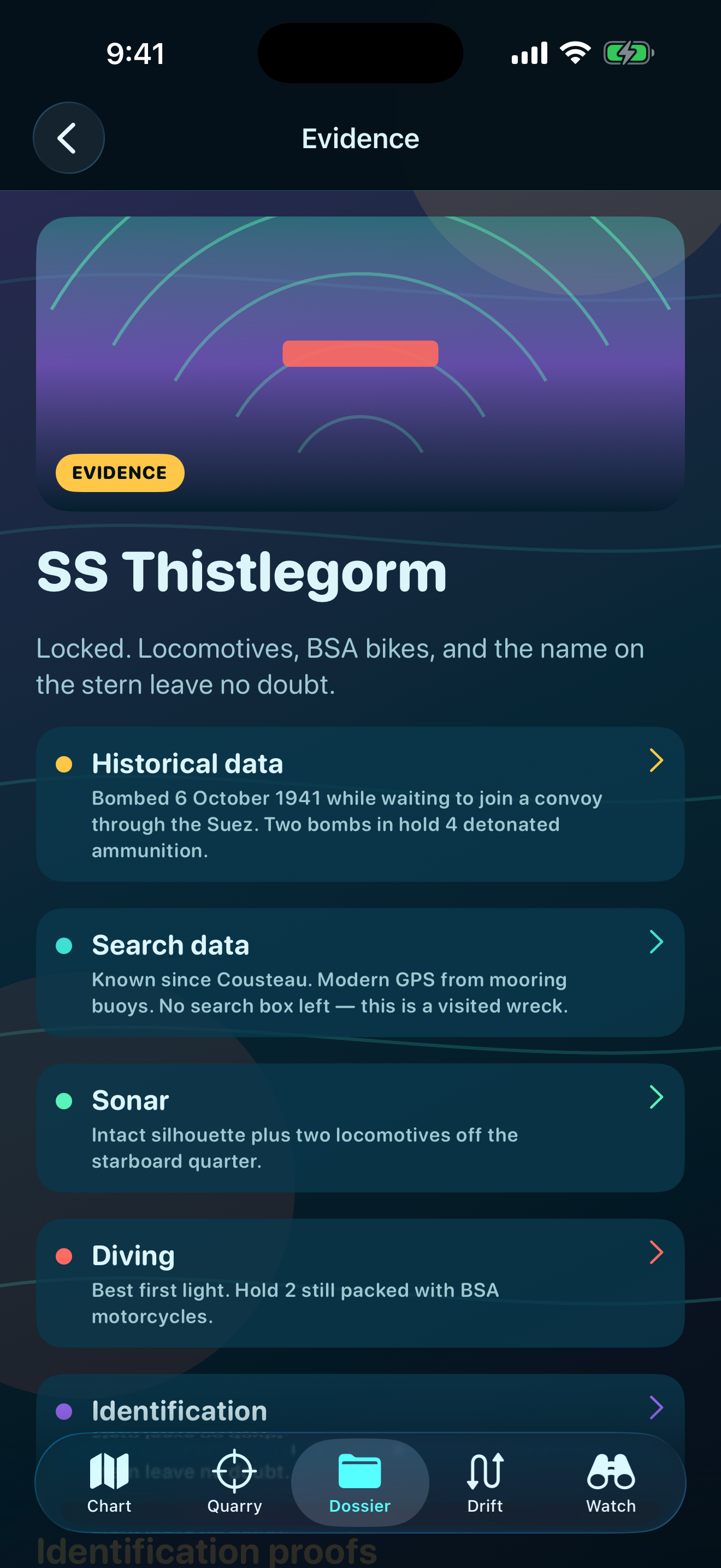 Dossier page for the Thistlegorm