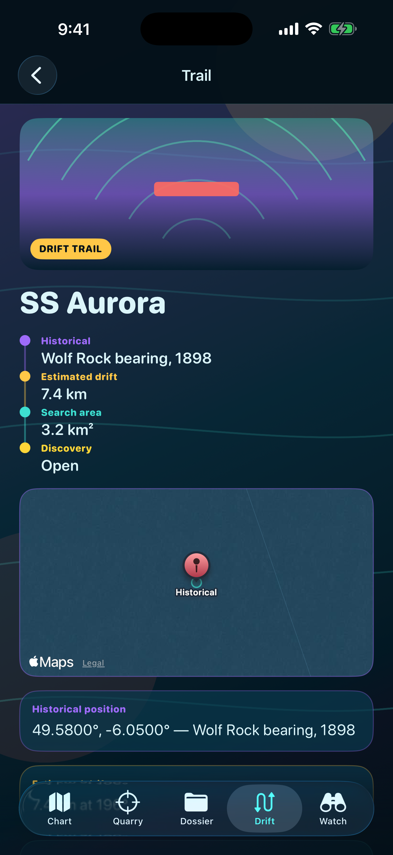 Drift trail estimated from an old chart fix